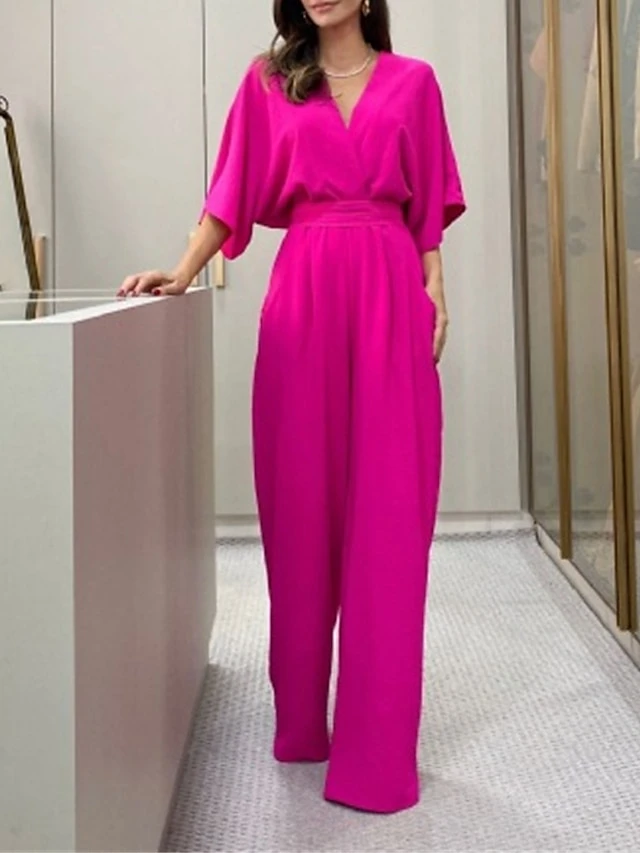 Women's Jumpsuit Backless High Waist Solid Color V Neck Business Office Work Regular Fit Half Sleeve Black Yellow Fuchsia S M L Summer 5 Women's Jumpsuit Backless High Waist Solid Color V Neck Business Office Work Regular Fit Half Sleeve Black Yellow Fuchsia S M L Summer - Image 5