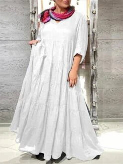 Women's Casual Dress Cotton Dress Maxi Long Dress Cotton Basic Classic Outdoor Daily Vacation V Neck Ruched Long Sleeve Spring Fall Winter 2023 Loose Fit White Blue Brown Plain S M L XL 2XL -Cheap Plus Fit Dress Store hnbfpa1692695637289