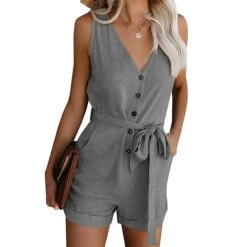 Women's Jumpsuits Casual Summer Romper Lace Up Button Front Solid Color V Neck Casual Daily Going Out Regular Fit Sleeveless Light Blue ArmyGreen Blue S M L Spring 20 Women's Jumpsuits Casual Summer Romper Lace Up Button Front Solid Color V Neck Casual Daily Going Out Regular Fit Sleeveless Light Blue ArmyGreen Blue S M L Spring -Cheap Plus Fit Dress Store hndvuz1618303588032