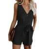 Women's Jumpsuits Casual Summer Romper Lace Up Button Front Solid Color V Neck Casual Daily Going Out Regular Fit Sleeveless Light Blue ArmyGreen Blue S M L Spring