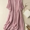 Women's Casual Dress Cotton Linen Dress Midi Dress Linen / Cotton Blend Fashion Classic Style Outdoor Daily Holiday Crew Neck Button Short Sleeve Fall Winter Autumn 2023 Loose Fit Pink Wine Green