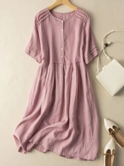 Women's Casual Dress Cotton Linen Dress Midi Dress Linen / Cotton Blend Fashion Classic Style Outdoor Daily Holiday Crew Neck Button Short Sleeve Fall Winter Autumn 2023 Loose Fit Pink Wine Green