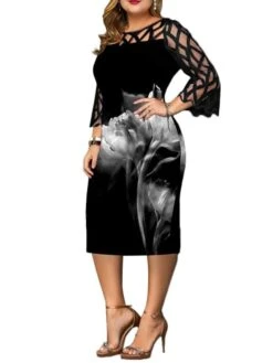 Women‘s Plus Size Curve Party Dress Butterfly Crew Neck Print 3/4 Length Sleeve Spring Fall Work Casual Sexy Prom Dress Midi Dress Daily Work Dress -Cheap Plus Fit Dress Store hohbgg1628488722011