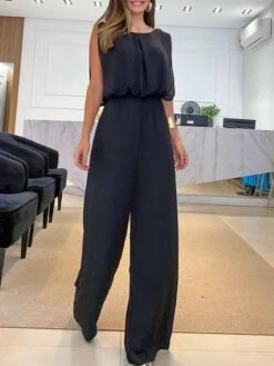 Women's Jumpsuit Backless High Waist Solid Color Crew Neck Streetwear Office Work Regular Fit Sleeveless Black Blue Fuchsia S M L Summer