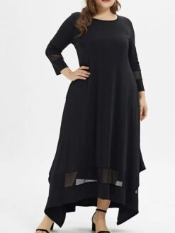 Women‘s Plus Size Curve Casual Dress Pure Color Crew Neck 3/4 Length Sleeve Spring Fall Casual Maxi Long Dress Daily Vacation Dress Black Dress -Cheap Plus Fit Dress Store honsas1666950759879