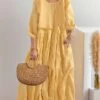 Women's Casual Dress Cotton Linen Dress Midi Dress Linen / Cotton Blend Basic Classic Outdoor Daily Vacation Crew Neck Ruched 3/4 Length Sleeve Fall Autumn 2023 Loose Fit Yellow Blue Plain M L XL 2XL
