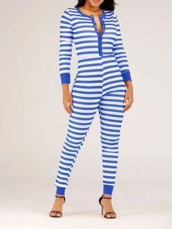 Women's Jumpsuit Button Print Striped V Neck Streetwear Christmas Street Xmas Regular Fit Long Sleeve Pink Red Blue S M L Fall -Cheap Plus Fit Dress Store hoxfsb1695792388424