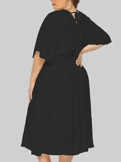 Women‘s Plus Size Curve Party Dress Wedding Guest Dress Swing Dress Midi Dress Black Beige Half Sleeve Pure Color Pleated Summer Spring Fall V Neck Party Birthday Wedding Guest Vacation 2023 -Cheap Plus Fit Dress Store hoxxyo1691399373126