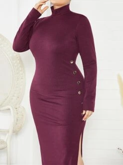 Women's Plus Size Curve Casual Dress Sweater Dress Sheath Dress Plain Midi Dress Long Sleeve Button Split Stand Collar Fashion Daily Black Wine Fall Winter XL XXL 3XL 4XL 5XL -Cheap Plus Fit Dress Store hpazse1694151465269