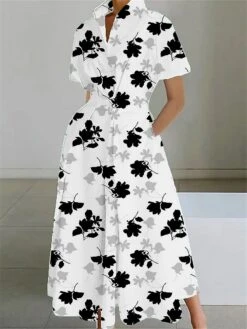 Women's Shirt Dress Casual Dress Swing Dress Maxi Long Dress Outdoor Office Daily Polyester Fashion Modern Shirt Collar Button Pocket Short Sleeve Summer Spring 2023 Loose Fit Black White Red Floral