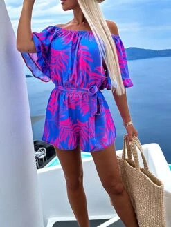 Women's Romper Ruffle Print Floral Off Shoulder Streetwear Street Daily Regular Fit Half Sleeve Red Blue Light Blue S M L Summer Waist Tie -Cheap Plus Fit Dress Store hpmsyu1684231082386