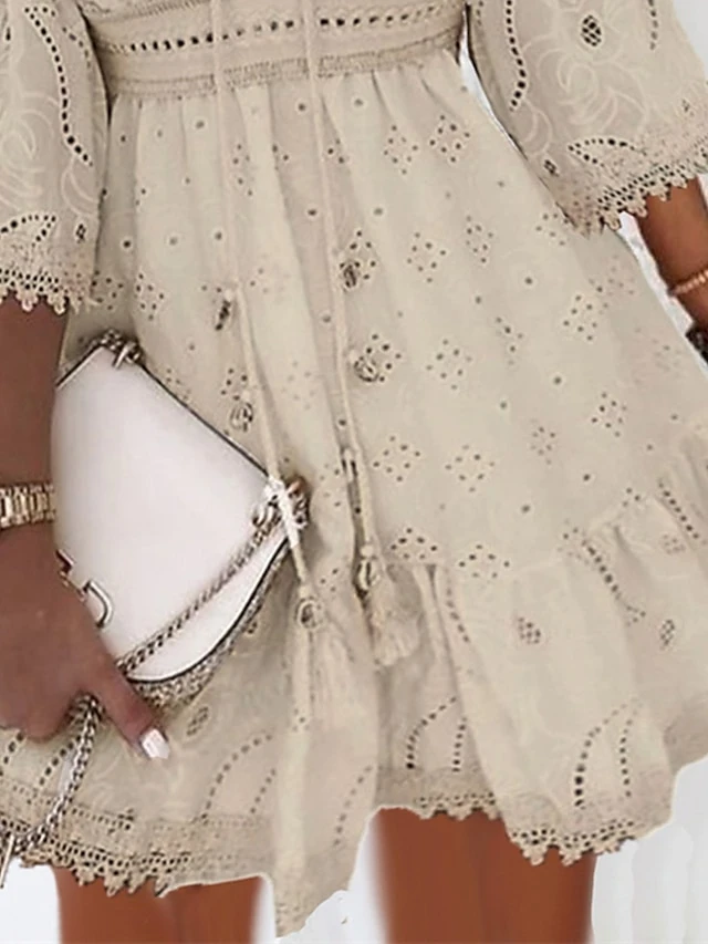 Women's Casual Dress Cotton Dress A Line Dress Mini Dress Cotton Fashion Modern Outdoor Daily Vacation V Neck Ruffle Embroidered 3/4 Length Sleeve Summer Spring Fall 2023 Regular Fit White Apricot 5 Women's Casual Dress Cotton Dress A Line Dress Mini Dress Cotton Fashion Modern Outdoor Daily Vacation V Neck Ruffle Embroidered 3/4 Length Sleeve Summer Spring Fall 2023 Regular Fit White Apricot - Image 5