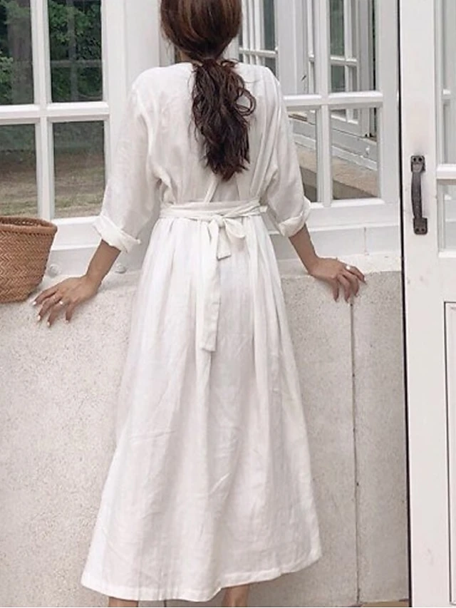 Women's Cotton Linen Dress Loose White Dress Maxi Long Dress Linen Cotton Blend Casual V Neck Puff Sleeve Tie Belt Half Sleeve Summer Spring 2022 Regular Fit Black White Pure Color S M L XL 4 Women's Cotton Linen Dress Loose White Dress Maxi Long Dress Linen Cotton Blend Casual V Neck Puff Sleeve Tie Belt Half Sleeve Summer Spring 2022 Regular Fit Black White Pure Color S M L XL - Image 4