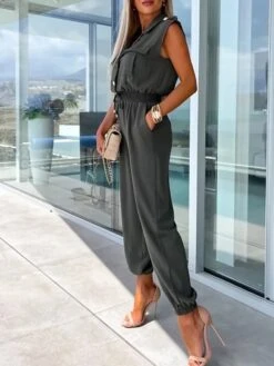 Women's Jumpsuit Button Pocket Solid Color Shirt Collar Streetwear Street Daily Regular Fit Short Sleeve Black White Green S M L Summer