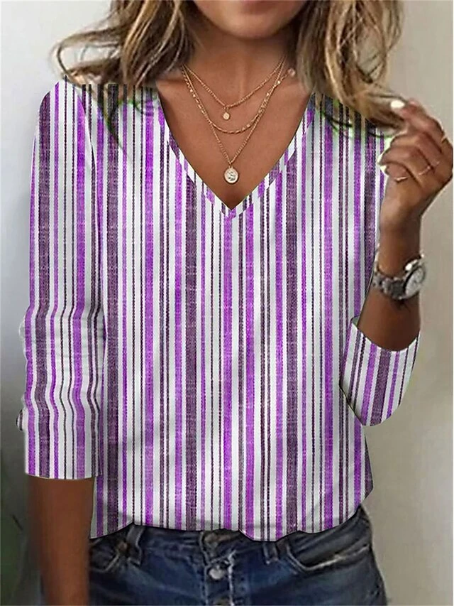 Women's T Shirt Tee Yellow Light Green Blue Striped Print Long Sleeve Daily Weekend Basic V Neck Regular Fit Painting Fall & Winter 6 Women's T Shirt Tee Yellow Light Green Blue Striped Print Long Sleeve Daily Weekend Basic V Neck Regular Fit Painting Fall & Winter - Image 6