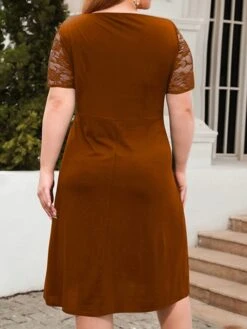 Women's Plus Size Curve Party Dress Lace Dress Semi Formal Dress Solid Color Midi Dress Short Sleeve Lace Crew Neck Fashion Party ArmyGreen Black Fall Winter XL XXL 3XL 4XL -Cheap Plus Fit Dress Store hqcbhm1695813615404