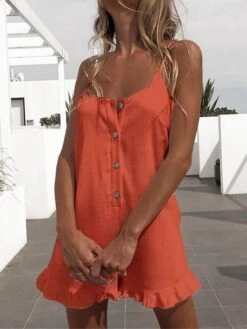 White Jumpsuits For Women Romper Ruffle Button Solid Color Crew Neck Streetwear Street Daily Regular Fit Spaghetti Strap Black Orange S M L Summer -Cheap Plus Fit Dress Store hqdgjo1680073084672