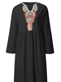 Women's Casual Dress Cotton Linen Dress Tiered Dress Maxi Long Dress Linen / Cotton Blend Fashion Gothic Outdoor Daily Vacation V Neck Print Long Sleeve Summer Spring Fall 2023 Loose Fit Black Blue -Cheap Plus Fit Dress Store hqexol1690369968778