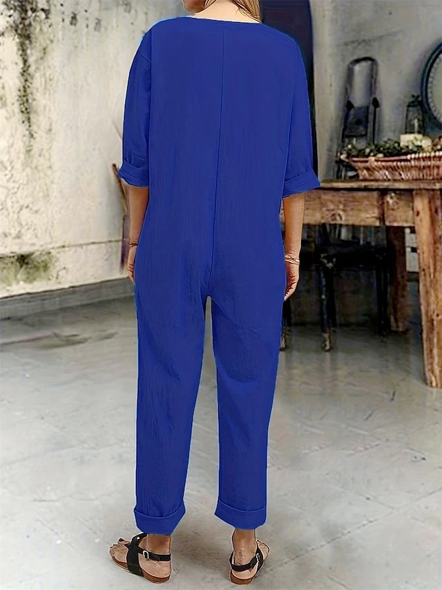 Women's Jumpsuit Button Pocket Solid Color Round Neck Streetwear Home Daily Slim Half Sleeve Black Red Blue S M L Fall 5 Women's Jumpsuit Button Pocket Solid Color Round Neck Streetwear Home Daily Slim Half Sleeve Black Red Blue S M L Fall - Image 5