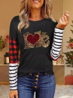 Women's Shirt Christmas Shirt Leopard Yellow Pink Color Block Print Deer Print Long Sleeve Christmas Casual Daily Casual Round Neck Regular Fit -Cheap Plus Fit Dress Store hqrxcq1669622343798