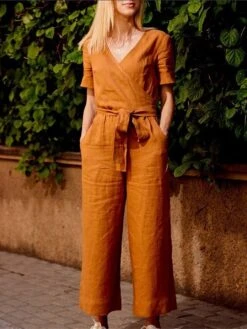 Women's Jumpsuit Lace Up Pocket Solid Color V Neck Streetwear Daily Vacation Regular Fit Short Sleeve Black Fuchsia Khaki S M L Spring