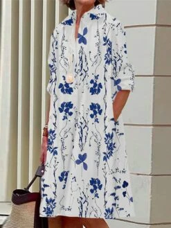 Women's Shirt Dress Casual Dress Midi Dress Outdoor Office Daily Polyester Fashion Modern Shirt Collar Button Pocket Long Sleeve Summer Spring Fall 2023 Loose Fit White Yellow Red Floral S M L XL 2XL -Cheap Plus Fit Dress Store hqwbaf1690436815281