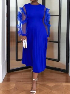 Women's Plus Size Curve Party Dress Formal Dress A Line Dress Plain Midi Dress Long Sleeve Pleated Ruffle Crew Neck Fashion Party Blue Fall Winter XL XXL 3XL 4XL -Cheap Plus Fit Dress Store hqxylb1694425977950