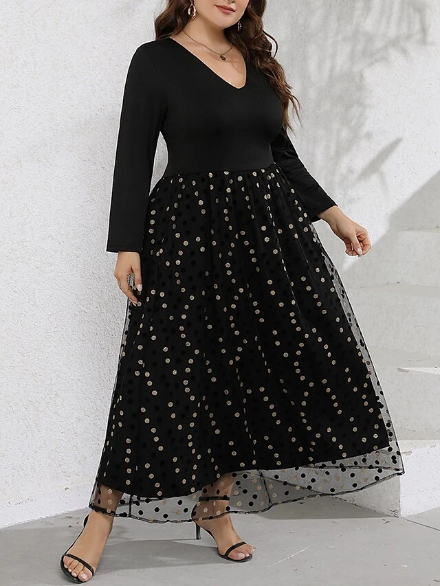 Women‘s Plus Size Curve Party Dress Swing Dress Black Dress Long Dress Maxi Dress Black Long Sleeve Polka Dot Mesh Summer Spring Fall V Neck Fashion Winter Dress Birthday Evening Party 2023 8 Women‘s Plus Size Curve Party Dress Swing Dress Black Dress Long Dress Maxi Dress Black Long Sleeve Polka Dot Mesh Summer Spring Fall V Neck Fashion Winter Dress Birthday Evening Party 2023 - Image 8