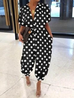 Jumpsuits For Women Summer Solid Color Shirt Collar Casual Work Daily Regular Fit Short Sleeve Black Leopard Black Camouflage Purple Leopard S M L -Cheap Plus Fit Dress Store hrehcn1646041506173