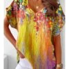 Women's T Shirt Tee Yellow Green Floral Print Short Sleeve Casual Holiday Basic V Neck Regular Fit Floral