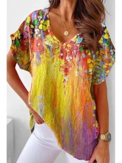 Cheap Plus Fit Dress Store 26 Women's T Shirt Tee Yellow Green Floral Print Short Sleeve Casual Holiday Basic V Neck Regular Fit Floral