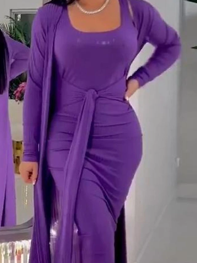 Women's Two Piece Dress Set Casual Dress Sheath Dress Outdoor Daily Fashion Streetwear Lace Up Ruched Midi Dress U Neck Long Sleeve Plain Slim Purple Gray Fall Winter S M L XL 2 Women's Two Piece Dress Set Casual Dress Sheath Dress Outdoor Daily Fashion Streetwear Lace Up Ruched Midi Dress U Neck Long Sleeve Plain Slim Purple Gray Fall Winter S M L XL - Image 2