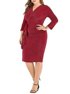 Women‘s Plus Size Curve Work Dress Sheath Dress Semi Formal Dress Fashion Midi Dress Ruffle V Neck Long Sleeve Plain Regular Fit Black Wine Fall Winter XL XXL 3XL 4XL 5XL -Cheap Plus Fit Dress Store hrqpmx1691401477819