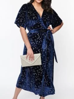 Women's Plus Size Curve Casual Dress Velvet Dress Wrap Dress Star Midi Dress Short Sleeve Lace Up Print V Neck Fashion Outdoor Navy Blue Fall Winter L XL 2XL 3XL 4XL -Cheap Plus Fit Dress Store hrrcil1697165009730