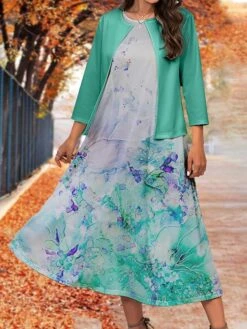 Women's Two Piece Dress Set Casual Dress Swing Dress Outdoor Office Fashion Streetwear Print Midi Dress Crew Neck 3/4 Length Sleeve Floral Ombre Regular Fit Pink Blue Purple Fall Winter S M L XL XXL -Cheap Plus Fit Dress Store hruylv1697782928647