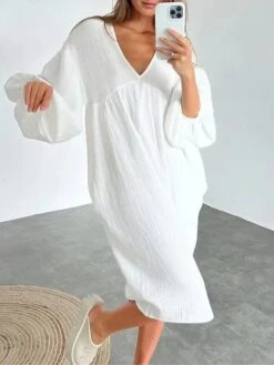 Women's Casual Dress Cotton Dress Loose Dress Midi Dress Linen / Cotton Blend Basic Classic Outdoor Daily Vacation V Neck Basic Long Sleeve Summer Spring Fall 2023 Loose Fit White Pink Blue Plain S M