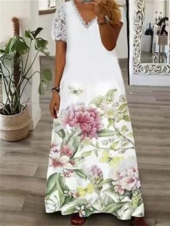 Women‘s Plus Size Curve Casual Dress A Line Dress Floral Butterfly Long Dress Maxi Dress Short Sleeve Lace Print V Neck Fashion Daily White Pink Summer Spring L XL XXL 3XL -Cheap Plus Fit Dress Store hskjpr1678951767361