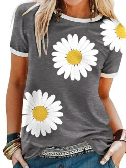 Women's T Shirt Tee Yellow Red Blue Floral Sunflower Daisy Short Sleeve Daily Round Neck Loose Fit Summer -Cheap Plus Fit Dress Store hsryiy1637298840179