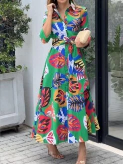 Women's Shirt Dress Casual Dress Maxi Long Dress Outdoor Daily Vacation Polyester Fashion Modern Shirt Collar Button Print Long Sleeve Spring Fall Winter 2023 Loose Fit Green Leaf S M L XL 2XL