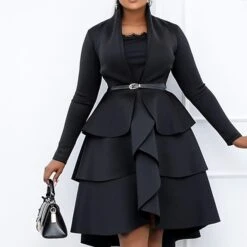 Women‘s Plus Size Curve Party Dress Solid Color Square Neck Ruffle Long Sleeve Winter Fall Basic Casual Prom Dress Midi Dress Work Daily Dress Black Dress Homecoming Dress -Cheap Plus Fit Dress Store htvoma1639121478385
