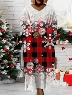 Women‘s Plus Size Christmas Dress Santa Claus V Neck Long Sleeve Winter Fall Modern Maxi Long Dress Daily Dress -Cheap Plus Fit Dress Store huauxc1668158254727