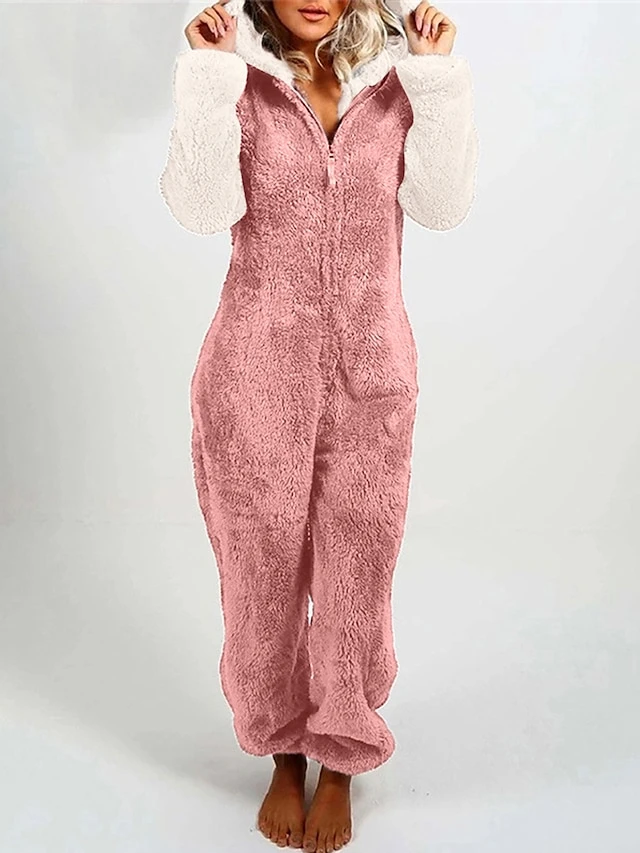 Women‘s Jumpsuit Patchwork Color Block Hooded Pink Fall Winter Streetwear Home Daily Loose Fit Long Sleeve Black White S M L 1 Women‘s Jumpsuit Patchwork Color Block Hooded Pink Fall Winter Streetwear Home Daily Loose Fit Long Sleeve Black White S M L