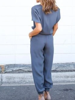 Black Jumpsuit For Women Lace Up Patch PocketSolid Color V Neck Streetwear Daily Vacation Loose Fit Short Sleeve Wine Blue S M L Spring -Cheap Plus Fit Dress Store hulpov1676363685167