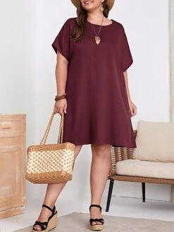Women‘s Plus Size Curve Casual Dress T Shirt Dress Tee Dress Shift Dress Solid Color Midi Dress Short Sleeve Crew Neck Basic Daily Black Red Spring Summer L 3XL 4XL 5XL 6XL -Cheap Plus Fit Dress Store huqpry1672223221420