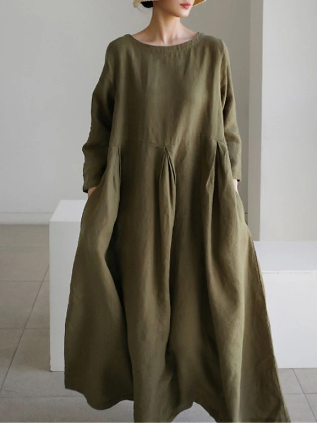 Women's Cotton Linen Dress Casual Dress Swing Dress Maxi Long Dress Cotton Blend Basic Classic Outdoor Daily Crew Neck Pocket Smocked Long Sleeve Summer Spring Fall 2023 Loose Fit Black Yellow Green 5 Women's Cotton Linen Dress Casual Dress Swing Dress Maxi Long Dress Cotton Blend Basic Classic Outdoor Daily Crew Neck Pocket Smocked Long Sleeve Summer Spring Fall 2023 Loose Fit Black Yellow Green - Image 5