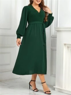 Women's Plus Size Curve Party Dress Winter Dress Sheath Dress Plain Midi Dress Long Sleeve Lace Up Ruched V Neck Fashion Party Green Fall Winter XL XXL 3XL 4XL -Cheap Plus Fit Dress Store huxbfc1695031566980