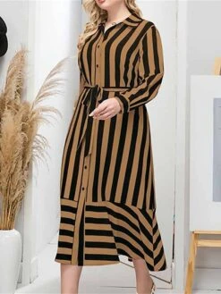 Women's Plus Size Curve Shirt Dress Casual Dress Midi Dress Outdoor Daily Vacation Polyester Fashion Classic Shirt Collar Lace Up Button Long Sleeve Spring Fall Winter Loose Fit Yellow Striped L XL -Cheap Plus Fit Dress Store hvabef1693210759749