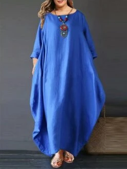 Women‘s Plus Size Curve Casual Dress Linen Dress White Dress Solid Color Long Dress Maxi Dress Long Sleeve Pocket Crew Neck Basic Daily White Red Summer Spring L XL XXL 3XL 4XL -Cheap Plus Fit Dress Store hvkivi1677553106022