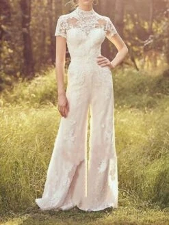 Women's Jumpsuit Lace Solid Color Stand Collar Elegant Wedding Party Regular Fit Short Sleeve White S M L Summer