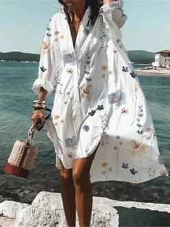 Women's Shirt Dress Casual Dress Swing Dress Button Print Long Sleeve Mini Dress Outdoor Daily Vacation Polyester Fashion Casual Shirt Collar Summer Dress Spring Fall 2023 Loose Fit White Red Purple